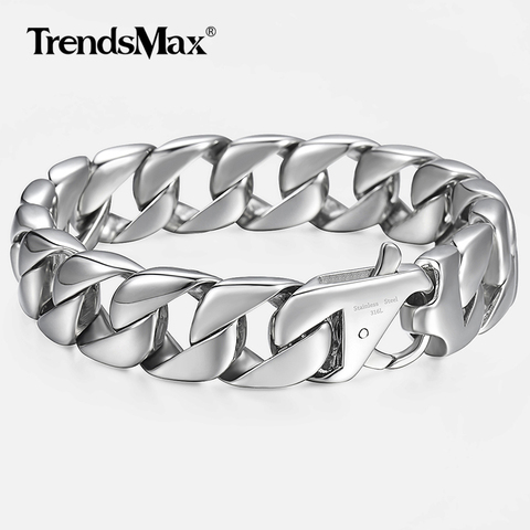 14mm Men's Bracelet Silver Color 316L Stainless Steel Round Curb Cuban Link Chain Bracelets Male Jewelry Gift for Men 8.62
