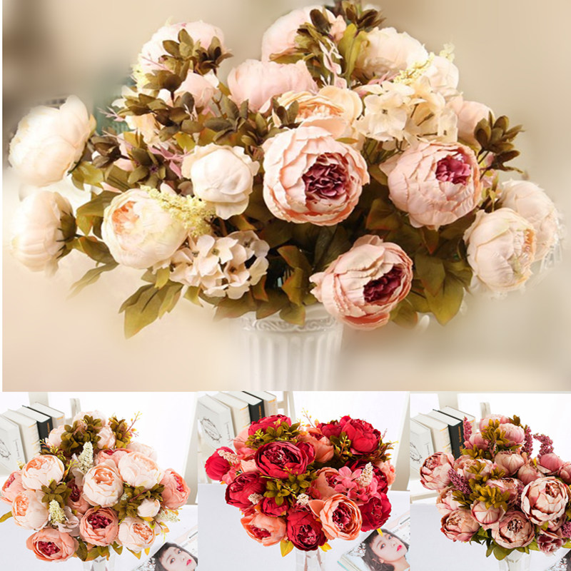 Artificial Bouquet 15 Heads Rose Silk Flowers Fake Leaf Wedding Party Decor Home