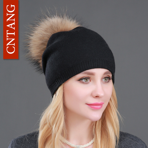 Autumn Winter Knitted Wool Hats For Women Fashion Pompon Beanies Fur Hat Female Warm Caps With Natural Genuine Raccoon Fur Cap ► Photo 1/6