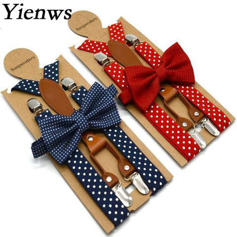 Yienws Polka Dot Bow Tie Suspenders for Men Women 4 Clip Leather Suspensorio Adult Bowtie Braces for Trousers Navy Red YiA119 ► Photo 1/5