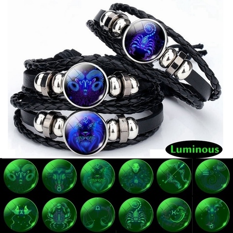 Luminous 12 Zodiac Signs Bracelet Men Women Punk Leather Bracelet Constellation Bracelet Zodiac Jewelry for Birthday Day Gift ► Photo 1/6
