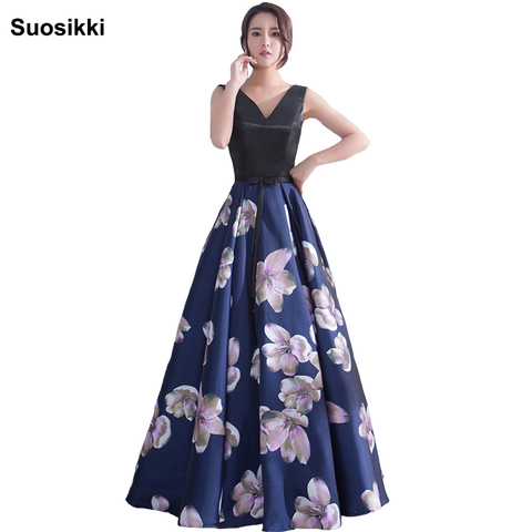 Suosikki evening dress long V Neck Floral Formal Dresses backless formal prom occasion dresses satin Robe De Soiree Party Gowns ► Photo 1/1