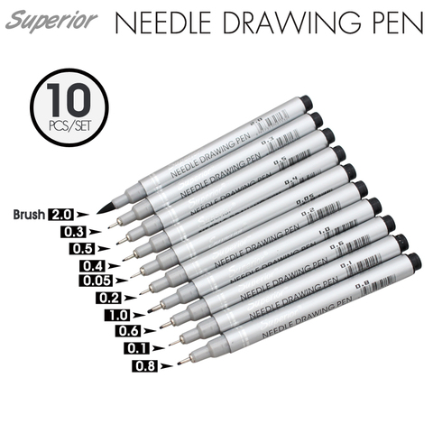 10Pcs Superior Needle Drawing Pen Waterproof Pigment Fineline