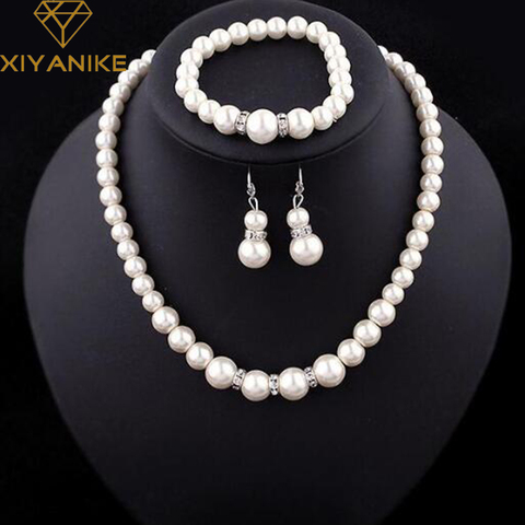 Fashion Classic Imitation Pearl Silver Plated Clear Crystal Top Elegant Party Gift Fashion Costume Pearl Jewelry Sets N85 ► Photo 1/6