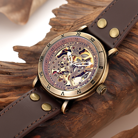 SHENHUA 2022 Mens Watches Retro Bronze Tone Skeleton Steampunk Male Clock Automatic Casual Wristwatch Relogio Masculino ► Photo 1/6