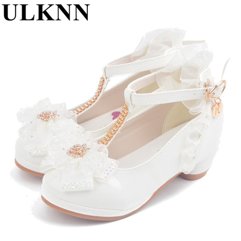 ULKNN Girls Sandals high heel pink leather Buckle Strap children's Gladiator Bowtie White Shoes size 26-37 soft Kid shoes enfant ► Photo 1/6