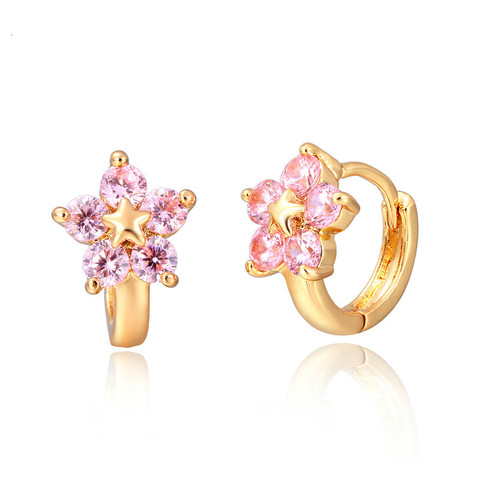 Cute Gold Color Star Five Pink CZ Flower Huggies Small Hoop