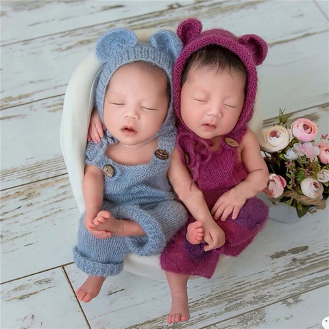 Newborn Baby Infant Photography Props Boy Girl Outfits Cute Bear Hat and Overalls Set Soft Mohair Bebe Photo Clothes Jumsuit ► Photo 1/6