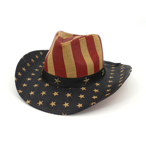 Men Straw Classic American Flag Cowboy Hat Wide Brim USA  Cowgirl  Summer Cap Dropshipping ► Photo 1/6