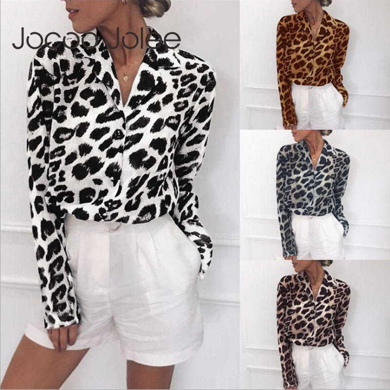 Women Shirt Leopard Print Long Sleeve Tops Ladies Chiffon Loose Blouse Plus Size 