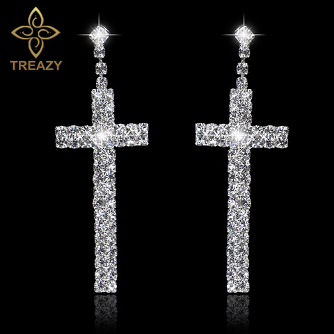 TREAZY Bridal Crystal Cross Shape Long Earrings Sparkly Silver Color Rhinestone Dangle Earrings For Women Wedding Jewelry Gifts ► Photo 1/4