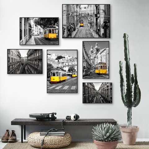 Portugal Lisbon Historic Architectural Posters and Prints Black White Wall Pictures Decor Old Street Yellow Tram Canvas Painting ► Photo 1/6