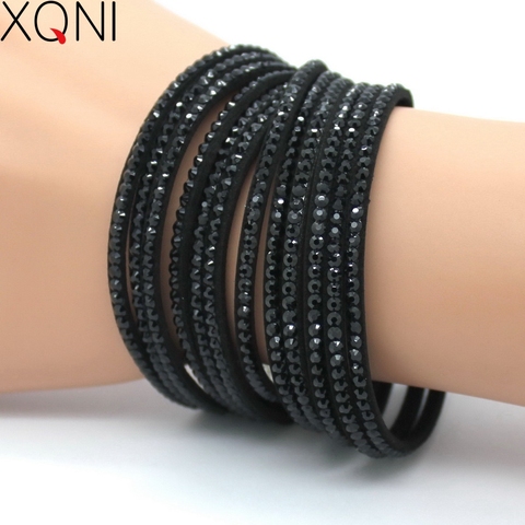 XQNI Brand Jewelry Black Crystal Leather Bracelets Women Bangles Trendy Mosaic Brand Rhinestone Classic Girls Charm Bracelets. ► Photo 1/6