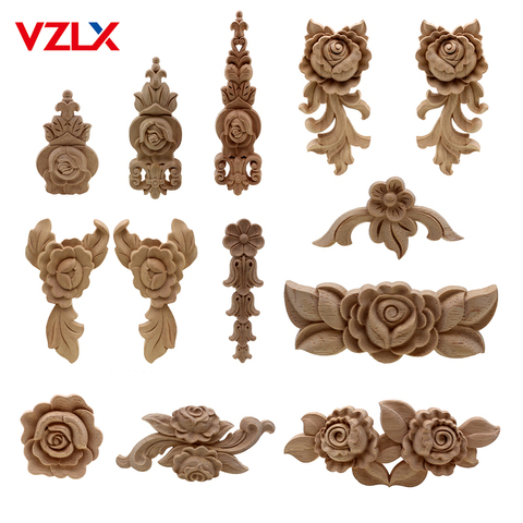 VZLX New Flower Wood Carving Natural Wood Appliques for Furniture Cabinet Unpainted Wooden Mouldings Decal Decorative Figurine ► Photo 1/6