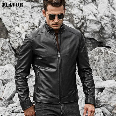 FLAVOR Men's Real Leather Jacket Men Slim Fit Warm Coat Motorcycle