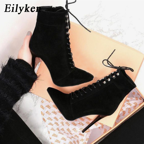 Eilyken New Punk Women Ankle Boots Lace Up Pointed Toe high heel Black Chelsea Boots Pumps 11CM shoes for women ► Photo 1/6