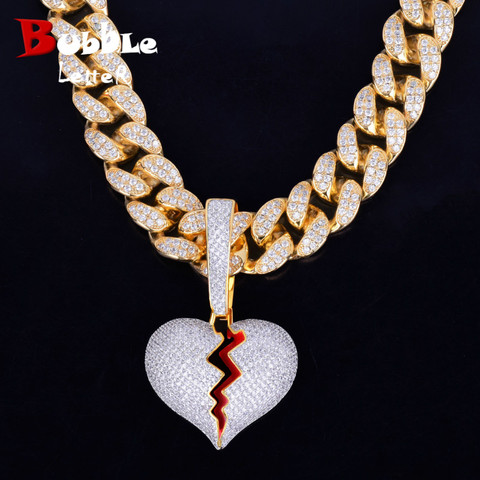 With 20MM Cuban Chain Gold Color Broken Heart Pendants Necklaces Bling AAA Zircon Men's Hip Hop Jewelry For Gift ► Photo 1/6