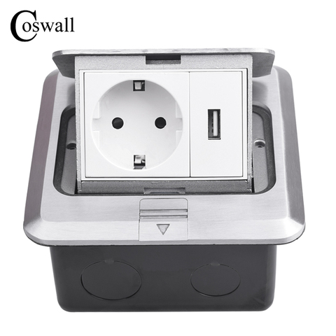 Coswall All Aluminum Silver Panel Pop Up Floor Socket 16A Russia Spain EU Standard Power Outlet With USB Charging Port 5V 1A ► Photo 1/5