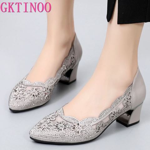 GKTINOO 2022 Summer Fashion Hollow Out Genuine Leather Pumps Women Shoes Med Heels Square Heel Mesh Ladies Office Shoes Crystal ► Photo 1/6