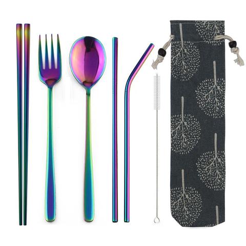JANKNG Portable Travel Dinneware Set 304 Stainless Steel Fork Scoop Chopsticks Straw Silverwar Set Rainbow Cutlery with Pouch ► Photo 1/6
