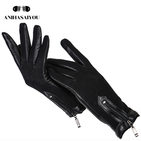 Zipper short women's leather gloves,High grade sheepskin women's winter gloves,Matte leather black women's gloves - 0716 ► Photo 1/6