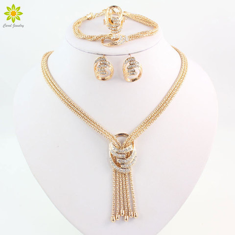 Latest Fashion African Beads Jewelry Sets Wedding Costume Women Party Gold Color Crystal Necklace Bangle Earring Ring ► Photo 1/1