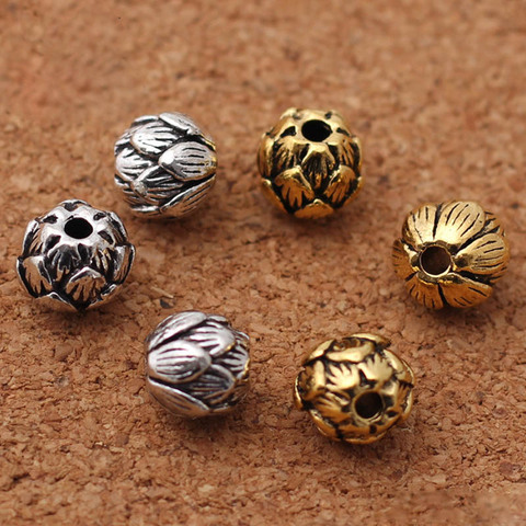 10pcs/lot Vintage Tibetan Silver Gold  Color Lotus Charm Beads 10mm Handmade Zinc Alloy Beaded Spacer Fit Bracelets DIY Jewelry ► Photo 1/3
