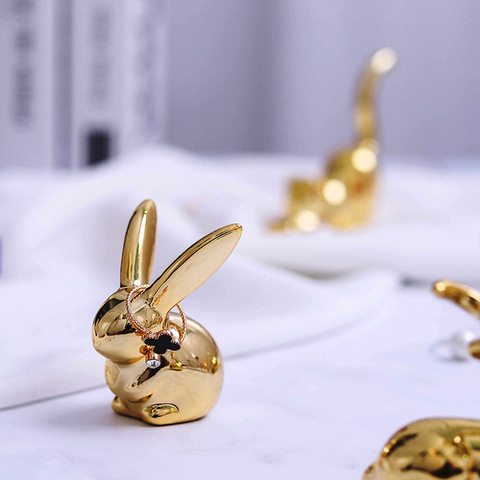 Ceramic Cute Gold White Rabbit Fox Figurines Porcelain Table Home Decoration Gift Modern Statue  Jewelry Rack Furnishings DHYN01 ► Photo 1/5