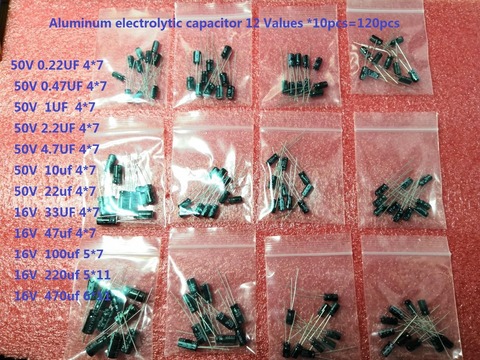 120pcs Aluminum electrolytic capacitor kits 1set of 12 values 0.22/0.47/1/2.2/4.7/10/22/33/47/100/220/470UF assortment set pack ► Photo 1/1