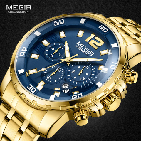 Megir Men's Gold Stainless Steel Quartz Watches Business Chronograph Analgue Wristwatch for Man Waterproof Luminous 2068GGD-2N3 ► Photo 1/6