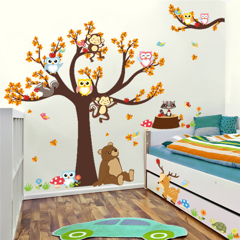 Cartoon Forest Tree Branch Animal Owl Monkey Bear Deer Wall Stickers For Kids Rooms Boys Girls Children Bedroom Home Decor ► Photo 1/4