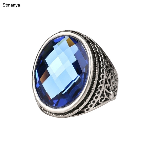 Luxury Blue Glass Stone Ring For Women Dazzle Accessories Silver Color Plated Vintage Oval For Men Big Rings   31015 ► Photo 1/6