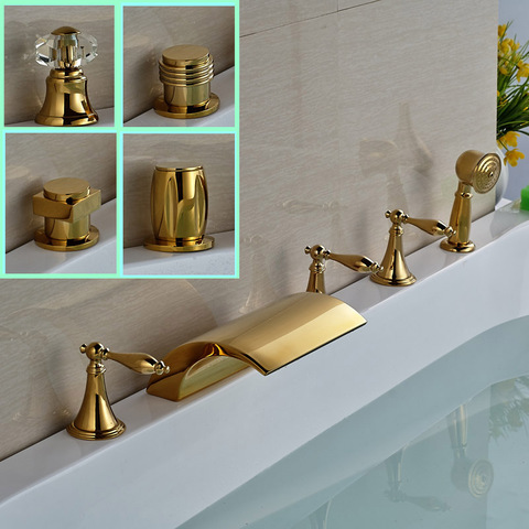 Luxury Widespread Brass Bathtub Faucet 5pcs Golden Tub Mixer Tap with Handheld Shower Deck Mounted ► Photo 1/6