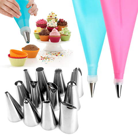 14 Pcs/Set Pastry Icing Piping Cream Bag Stainless Steel Nozzles Tool Cake Decor 