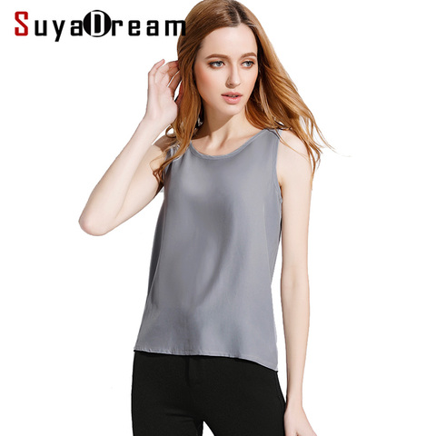 SuyaDream 100%Silk Crepe Woman O neck Tanks Sleeveless Solid Shirt 2022 Summer Gray Black Pink Wine ► Photo 1/6