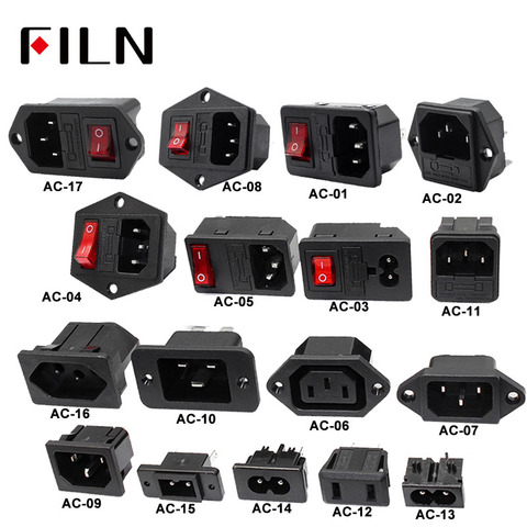 IEC320 C14 Electrical AC Socket 3 pin red LED 250V Rocker Switch 10A fuse female male inlet plug connector 2 pin socket mount ► Photo 1/6