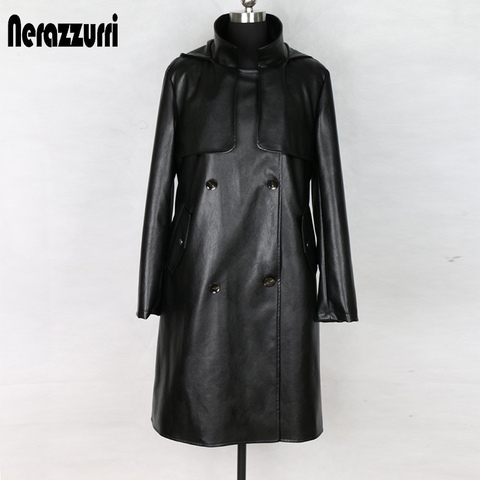 Nerazzurri fashion trench coat for women plus size black pleated long sleeve hooded autumn faux leather jacket women 5xl 6xl 7xl ► Photo 1/6