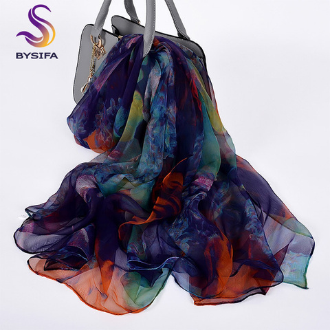 [BYSIFA] Ladies Silk Scarf Shawl New Long Scarves Fashion Brand Scarves Elegant Purple Blue Neck Scarf Beach Shawl Cover-ups ► Photo 1/6
