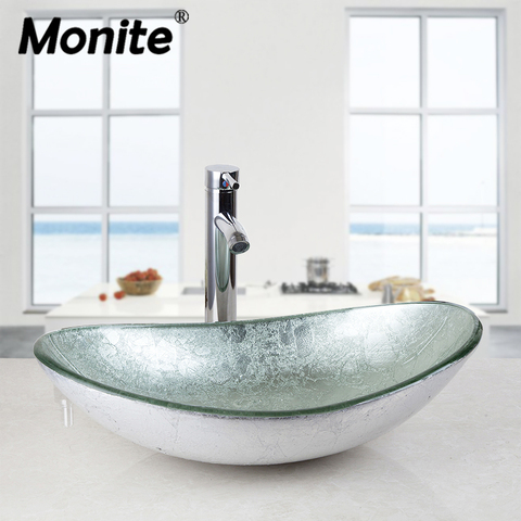 Monite Silver Oval Bathroom Washbasin Countertop Washroom Vessel Vanity Tempered Glass Basin Sink Faucet Set Brass Faucet ► Photo 1/6