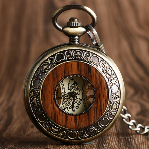 Vintage Wood Mechanical Pocket Watch Roman Numerals Creative Carving Flower Dial Wooden Watches Pendant Chain Women Men Gifts ► Photo 1/6