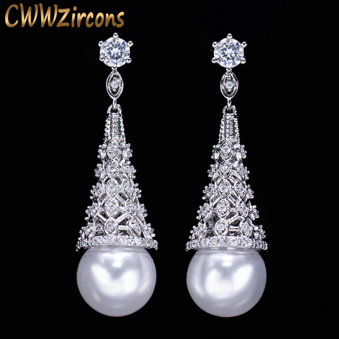 CWWZircons Fashion Hollow Out Design Full Cubic Zirconia Crystal Silver Color Long Round Drop Pearl Earrings For Women  CZ262 ► Photo 1/6
