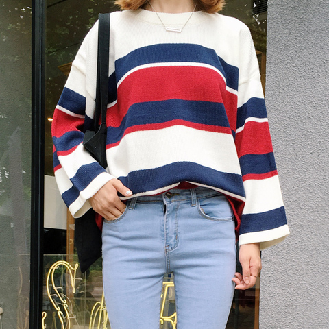 All Match College Wind Loose Causal Striped Colorful New Fashion Female Sweaters ► Photo 1/1