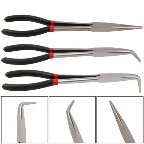 3X 11 inch EXTRA LONG NOSE PLIERS SET STRAIGHT & BENT TIP MECHANIC GRIP HAND TOOL ► Photo 1/6