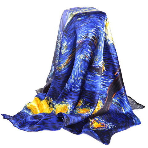 Dark Blue 100% Real Silk Scarf For Ladies Brand Designer Scarves Spring Fall Van Gogh Oil Painting Square Scarves Wraps 90*90cm ► Photo 1/6