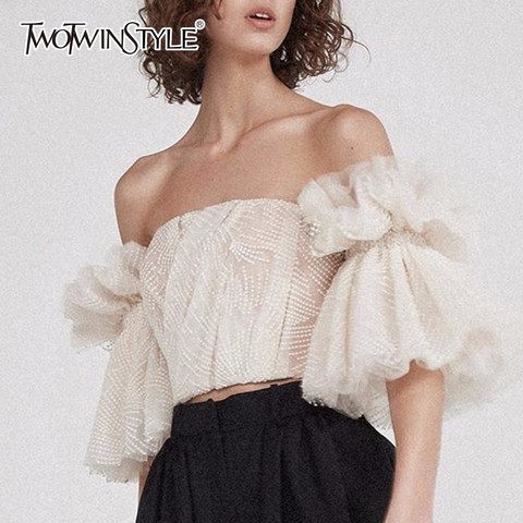TWOTWINSTYLE Strapless Shirt For Women Off Shoulder Embroidery Ruffles Flare Sleeve Sexy Short Tops Summer Fashion 2022 Clothing ► Photo 1/6