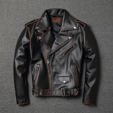 YR!Free shipping.sales.classic motor biker genuine leather jacket.slim cowhide coat.fashion vintage leather clothing.plus size ► Photo 1/4