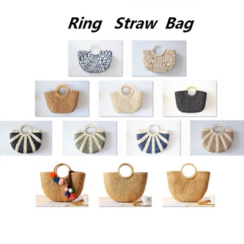 Straw Bag Women Hand-Woven Handbag Moon Shape Lace Bow Rattan Bag