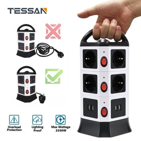 TESSAN EU Plug Outlet Power Strip Multi Plug USB Socket with Switch and 5/6.5 ft Extension Cord Tower ► Photo 1/6