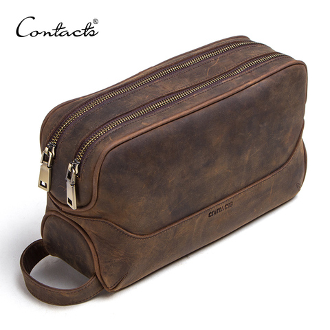 CONTACT'S crazy horse genuine leather men's cosmetic bag male toiletry bag vintage wash bags man's make up bags travel organizer ► Photo 1/6