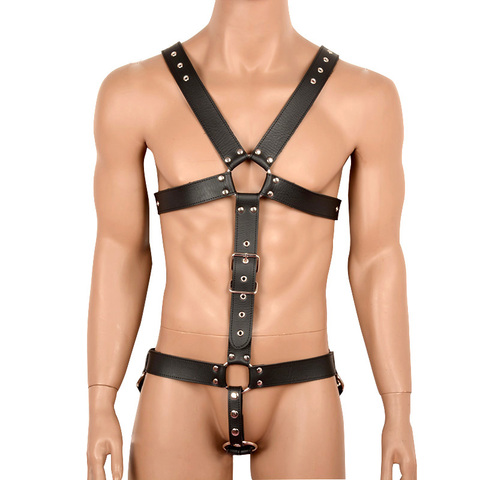 Sexy PU Leather Men Bondage Harness with Cock Ring Adjustable Fetish Wear Male Restraint Body Harness Belt Erotic Sex Products ► Photo 1/6